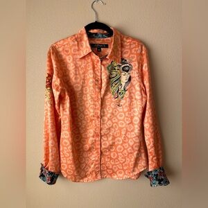 Ed Hardy Embroidered Satin Silk Shirt with Geisha & Tiger & Rose Printsq